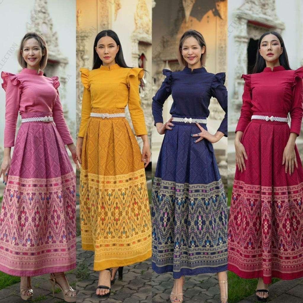 Thai Traditional Cotton Outfit - Borom Phiman Cape Sleeve Blouse & Pleated Skirt Set in Indigo, Pink, Wine Red & Yellow with Khit Footprint Design