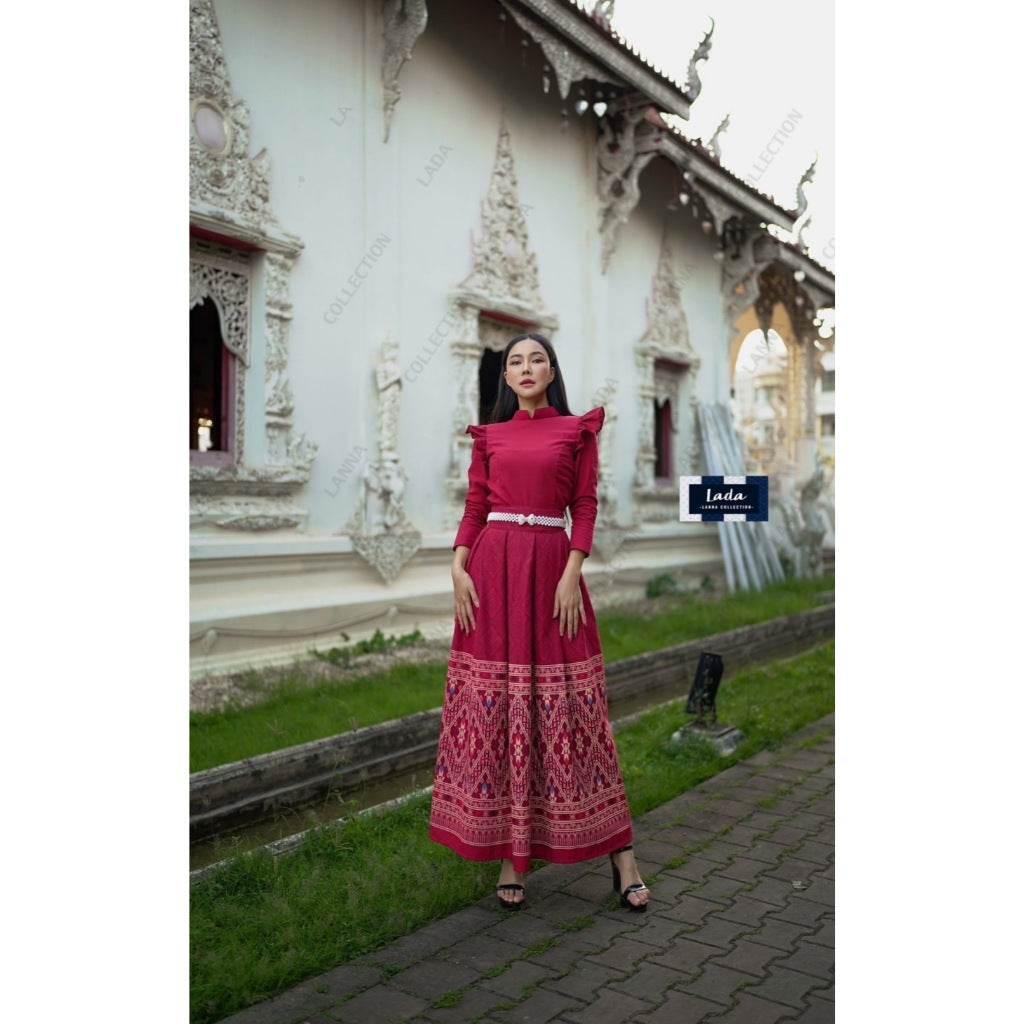 Thai Traditional Cotton Outfit - Borom Phiman Cape Sleeve Blouse & Pleated Skirt Set in Indigo, Pink, Wine Red & Yellow with Khit Footprint Design