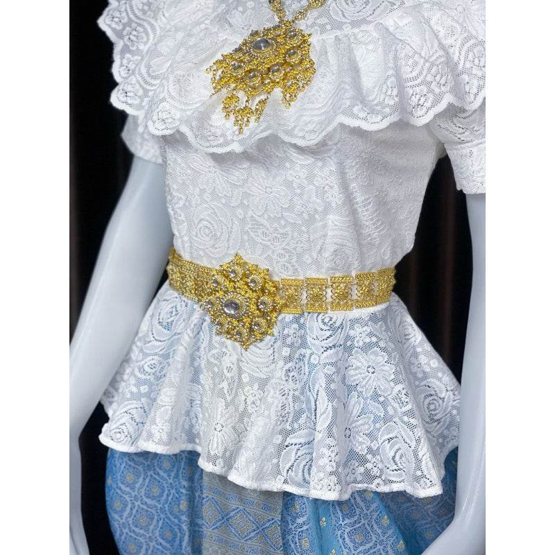Thai Traditional Lace Outfit Set with Gold Details One-Sake.com Chiffon shoulder cloth Chest not exceeding 36“(m) Jong Kraben Waist please inform Chest not exceeding 36“(m)-Jong Kraben Waist please inform-Chiffon shoulder cloth-Chest not exceeding  50“(2XL)-Chest not exceeding 42(XL)-Accessories-Chest not exceeding 40(L)-