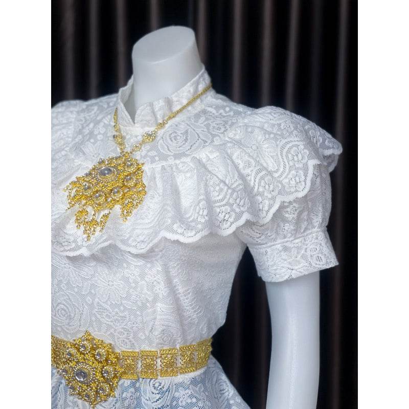 Thai Traditional Lace Outfit Set with Gold Details One-Sake.com Chiffon shoulder cloth Chest not exceeding 36“(m) Jong Kraben Waist please inform Chest not exceeding 36“(m)-Jong Kraben Waist please inform-Chiffon shoulder cloth-Chest not exceeding  50“(2XL)-Chest not exceeding 42(XL)-Accessories-Chest not exceeding 40(L)-