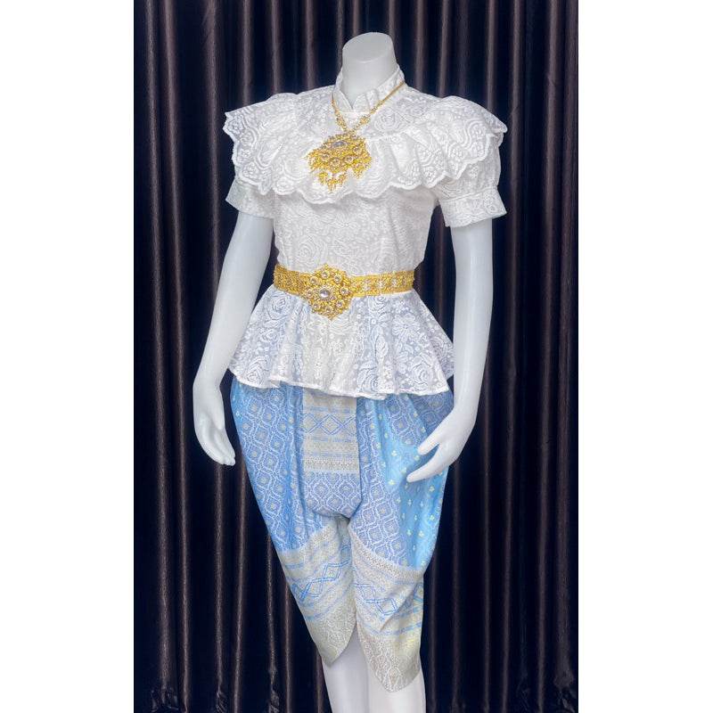 Thai Traditional Lace Outfit Set with Gold Details One-Sake.com Chiffon shoulder cloth Chest not exceeding 36“(m) Jong Kraben Waist please inform Chest not exceeding 36“(m)-Jong Kraben Waist please inform-Chiffon shoulder cloth-Chest not exceeding  50“(2XL)-Chest not exceeding 42(XL)-Accessories-Chest not exceeding 40(L)-