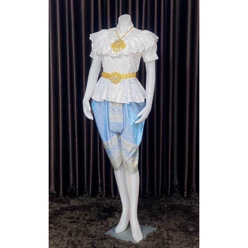 Thai Traditional Lace Outfit Set with Gold Details One-Sake.com Chiffon shoulder cloth Chest not exceeding 36“(m) Jong Kraben Waist please inform Chest not exceeding 36“(m)-Jong Kraben Waist please inform-Chiffon shoulder cloth-Chest not exceeding  50“(2XL)-Chest not exceeding 42(XL)-Accessories-Chest not exceeding 40(L)-