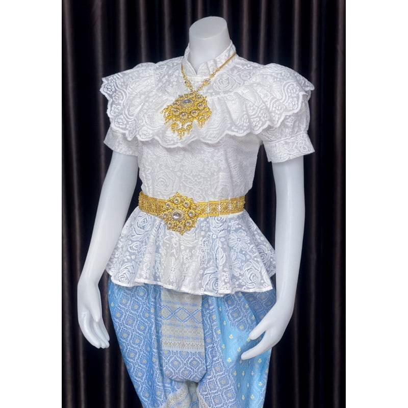 Thai Traditional Lace Outfit Set with Gold Details One-Sake.com Chiffon shoulder cloth Chest not exceeding 36“(m) Jong Kraben Waist please inform Chest not exceeding 36“(m)-Jong Kraben Waist please inform-Chiffon shoulder cloth-Chest not exceeding  50“(2XL)-Chest not exceeding 42(XL)-Accessories-Chest not exceeding 40(L)-