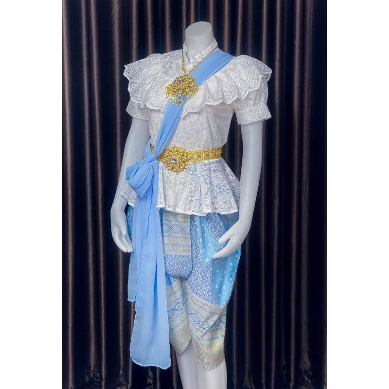 Thai Traditional Lace Outfit Set with Gold Details One-Sake.com Chiffon shoulder cloth Chest not exceeding 36“(m) Jong Kraben Waist please inform Chest not exceeding 36“(m)-Jong Kraben Waist please inform-Chiffon shoulder cloth-Chest not exceeding  50“(2XL)-Chest not exceeding 42(XL)-Accessories-Chest not exceeding 40(L)-