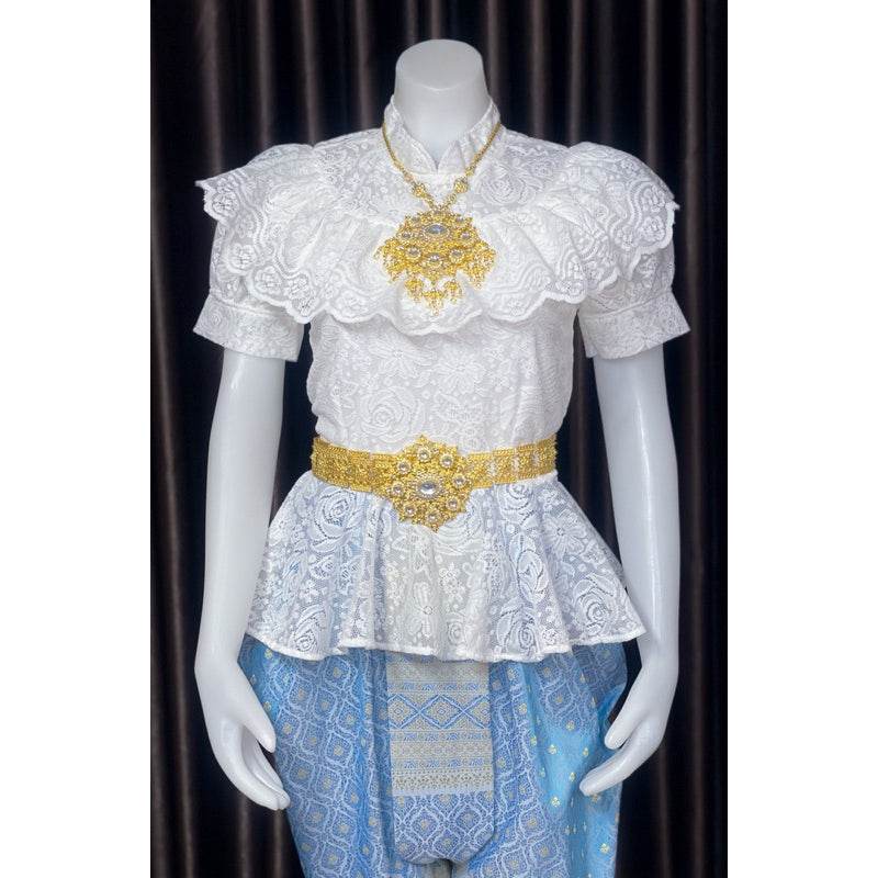 Thai Traditional Lace Outfit Set with Gold Details One-Sake.com Chiffon shoulder cloth Chest not exceeding 36“(m) Jong Kraben Waist please inform Chest not exceeding 36“(m)-Jong Kraben Waist please inform-Chiffon shoulder cloth-Chest not exceeding  50“(2XL)-Chest not exceeding 42(XL)-Accessories-Chest not exceeding 40(L)-