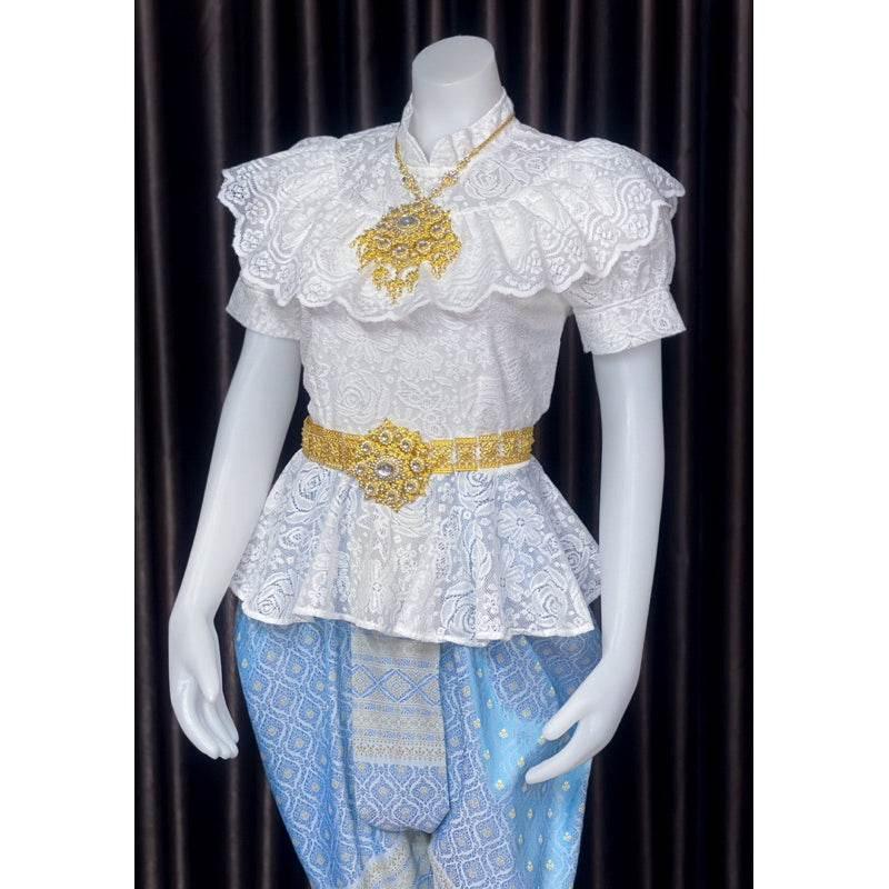Thai Traditional Lace Outfit Set with Gold Details