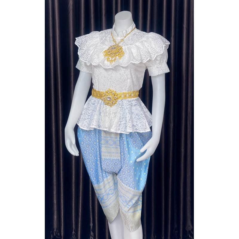 Thai Traditional Lace Outfit Set with Gold Details