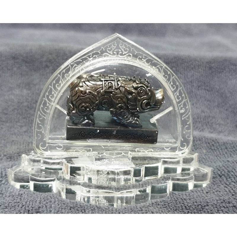 Thai wealth pig amulet in glass display, designed for prosperity and good fortune