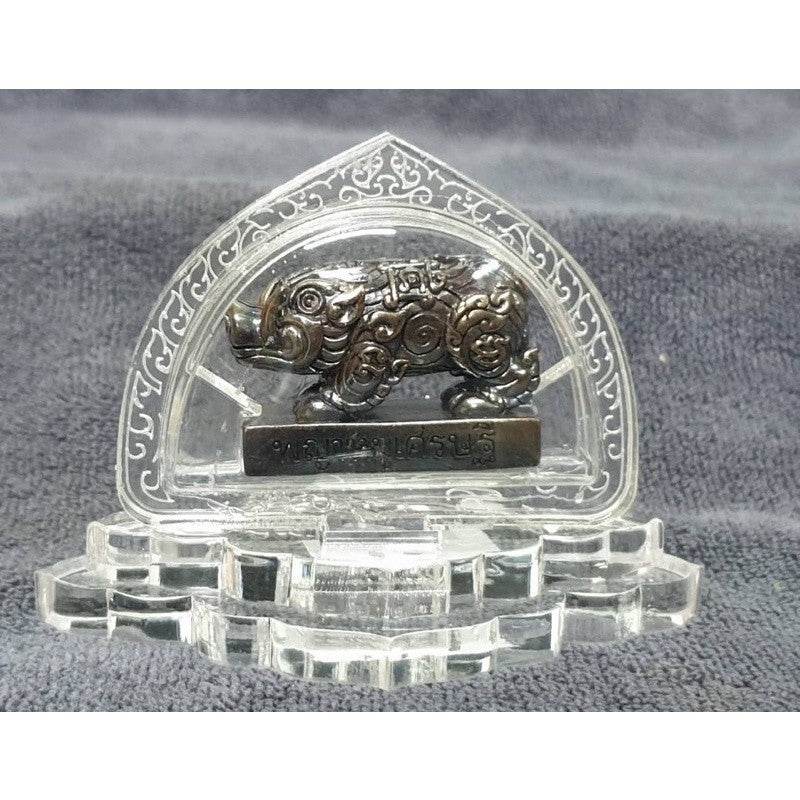 Thai wealth pig amulet intricately designed with a clear display stand, symbolizing prosperity and good fortune