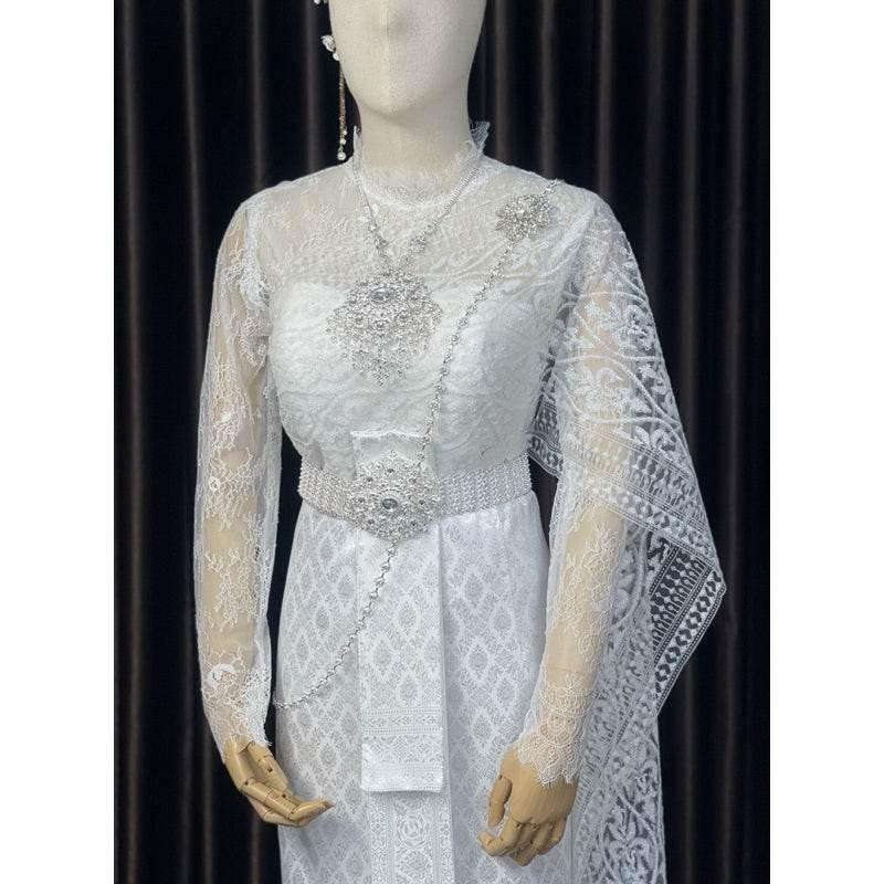 Thai Wedding Outfit Set - Sivalai & Brompton Style Lace Blouse, Long Sabai & Front-Hook Han Nang | Custom Size & Color Available