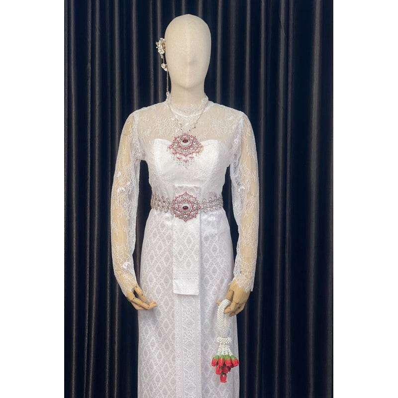 Thai Wedding Outfit Set - Sivalai & Brompton Style Lace Blouse, Long Sabai & Front-Hook Han Nang | Custom Size & Color Available