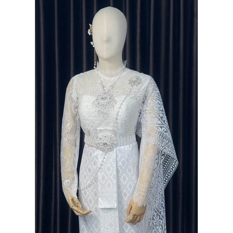 Thai Wedding Outfit Set - Sivalai & Brompton Style Lace Blouse, Long Sabai & Front-Hook Han Nang | Custom Size & Color Available One-Sake.com Accessories Shirt + sarong Shirt + sash + sarong Shirt + sarong-Shirt + sash + sarong-Accessories-Shirt only-Dress (large size)-