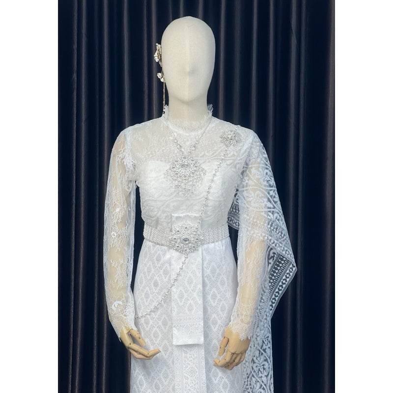 Thai Wedding Outfit Set - Sivalai & Brompton Style Lace Blouse, Long Sabai & Front-Hook Han Nang | Custom Size & Color Available One-Sake.com Accessories Shirt + sarong Shirt + sash + sarong Shirt + sarong-Shirt + sash + sarong-Accessories-Shirt only-Dress (large size)-