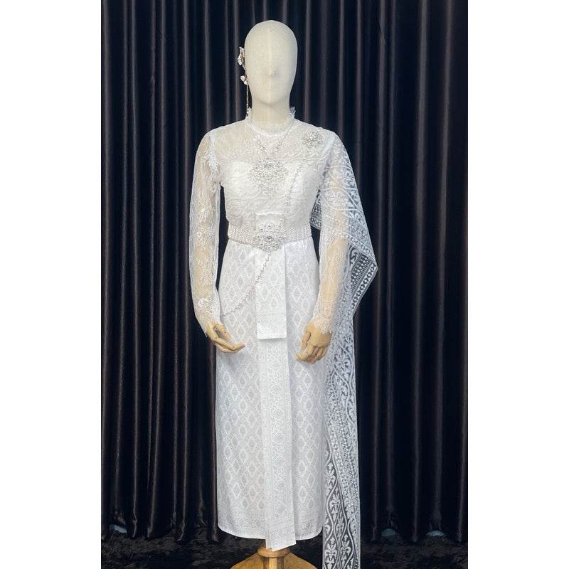 Thai Wedding Outfit Set - Sivalai & Brompton Style Lace Blouse, Long Sabai & Front-Hook Han Nang | Custom Size & Color Available One-Sake.com Accessories Shirt + sarong Shirt + sash + sarong Shirt + sarong-Shirt + sash + sarong-Accessories-Shirt only-Dress (large size)-