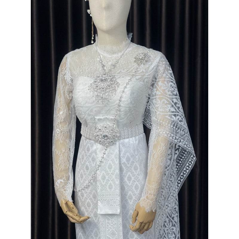 Thai Wedding Outfit Set - Sivalai & Brompton Style Lace Blouse, Long Sabai & Front-Hook Han Nang | Custom Size & Color Available One-Sake.com Accessories Shirt + sarong Shirt + sash + sarong Shirt + sarong-Shirt + sash + sarong-Accessories-Shirt only-Dress (large size)-