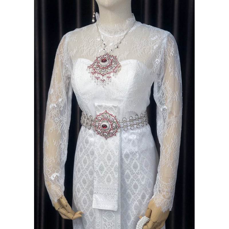 Thai Wedding Outfit Set - Sivalai & Brompton Style Lace Blouse, Long Sabai & Front-Hook Han Nang | Custom Size & Color Available One-Sake.com Accessories Shirt + sarong Shirt + sash + sarong Shirt + sarong-Shirt + sash + sarong-Accessories-Shirt only-Dress (large size)-