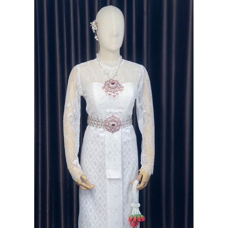 Thai Wedding Outfit Set - Sivalai & Brompton Style Lace Blouse, Long Sabai & Front-Hook Han Nang | Custom Size & Color Available One-Sake.com Accessories Shirt + sarong Shirt + sash + sarong Shirt + sarong-Shirt + sash + sarong-Accessories-Shirt only-Dress (large size)-
