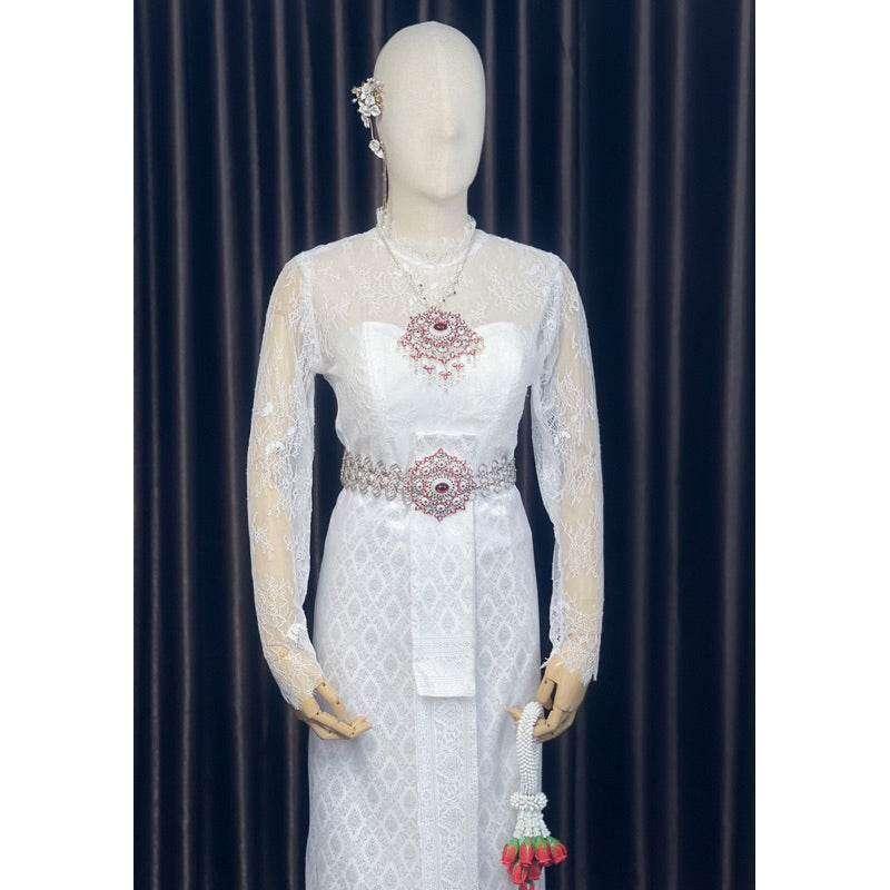 Thai Wedding Outfit Set - Sivalai & Brompton Style Lace Blouse, Long Sabai & Front-Hook Han Nang | Custom Size & Color Available