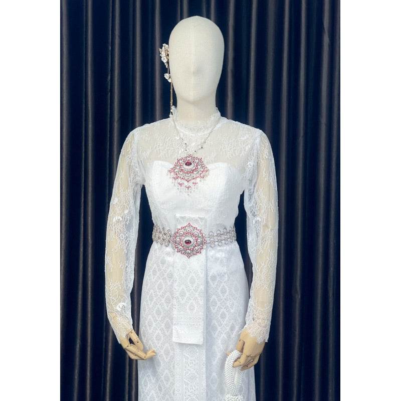 Thai Wedding Outfit Set - Sivalai & Brompton Style Lace Blouse, Long Sabai & Front-Hook Han Nang | Custom Size & Color Available One-Sake.com Accessories Shirt + sarong Shirt + sash + sarong Shirt + sarong-Shirt + sash + sarong-Accessories-Shirt only-Dress (large size)-