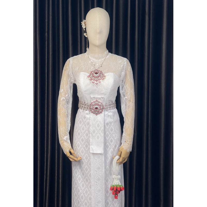 Thai Wedding Outfit Set - Sivalai & Brompton Style Lace Blouse, Long Sabai & Front-Hook Han Nang | Custom Size & Color Available One-Sake.com Accessories Shirt + sarong Shirt + sash + sarong Shirt + sarong-Shirt + sash + sarong-Accessories-Shirt only-Dress (large size)-