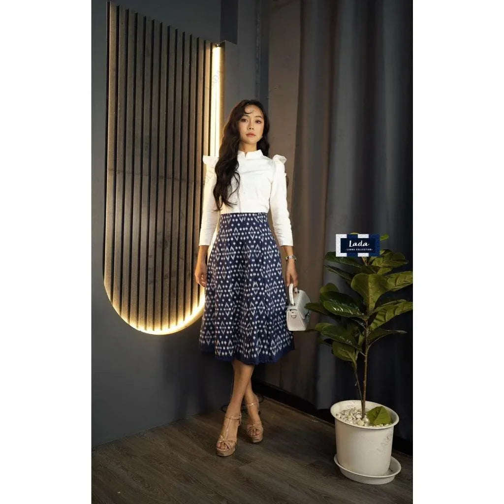 Thai Wing Sleeve Blouse Skirt Set in Navy & White Temple Print | Women's Cotton Outfit with 10-Piece Floral Skirt