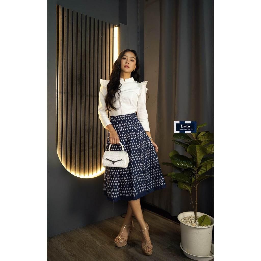 Thai Wing Sleeve Blouse Skirt Set in Navy & White Temple Print | Women's Cotton Outfit with 10-Piece Floral Skirt