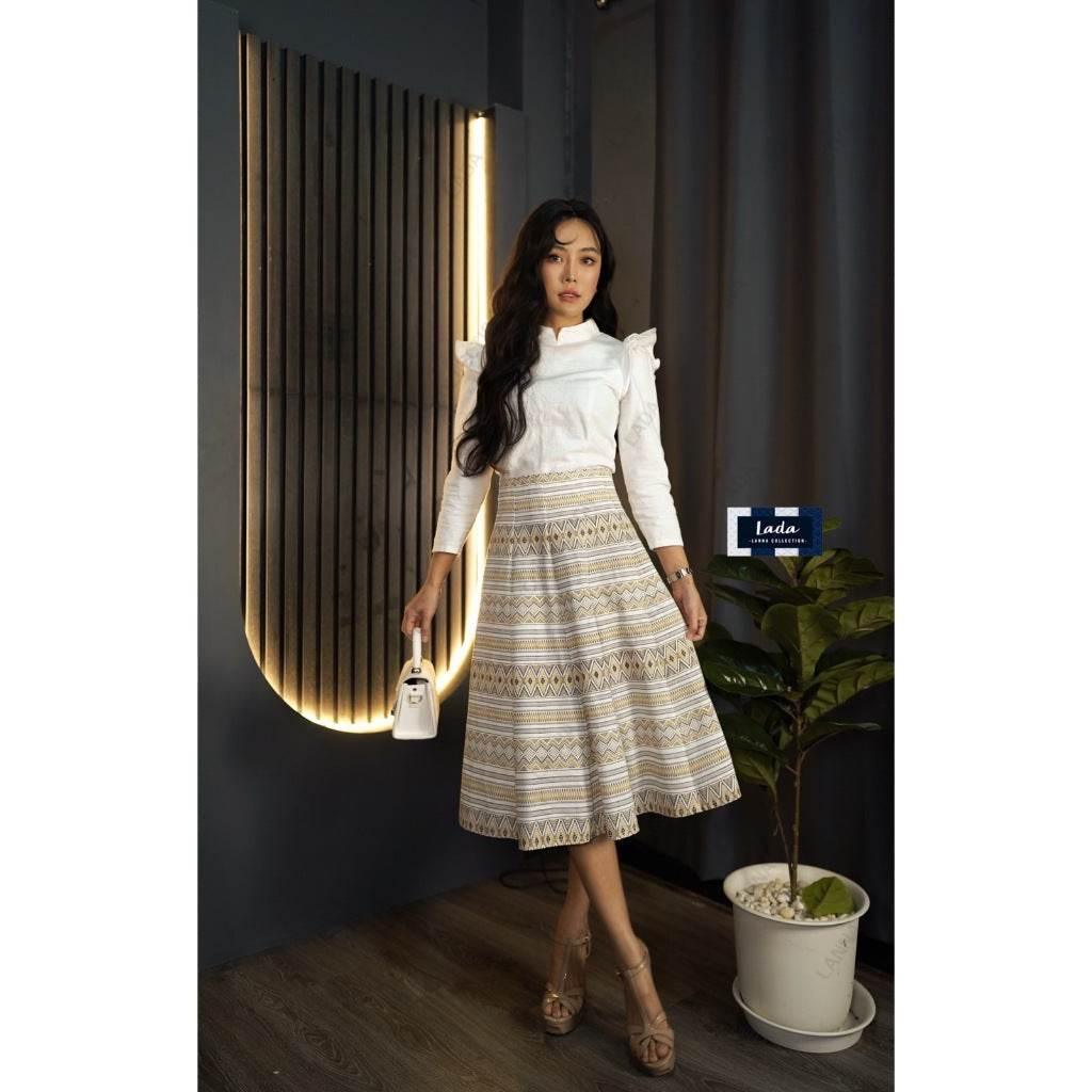 Thai Wing Sleeve Blouse Skirt Set in Navy & White Temple Print | Women's Cotton Outfit with 10-Piece Floral Skirt ไปวัดสีขาว