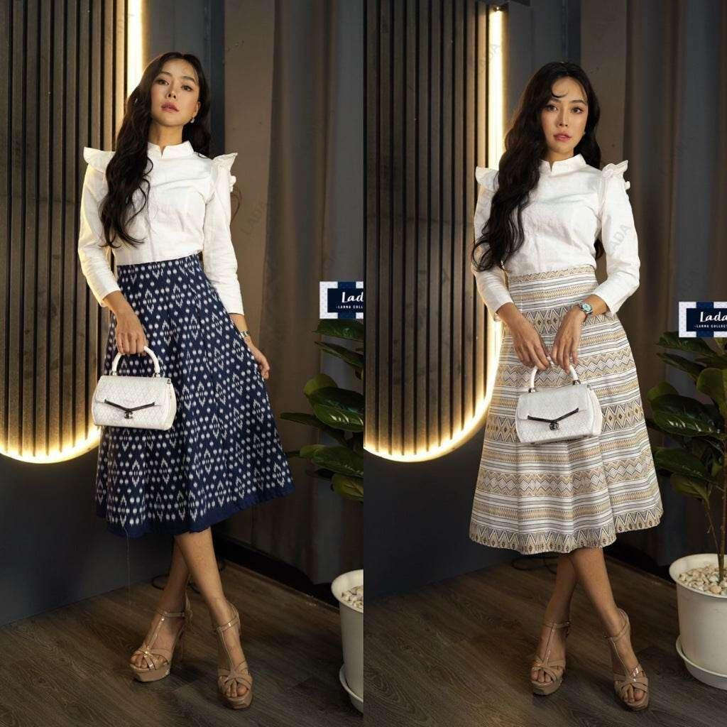 Thai Wing Sleeve Blouse Skirt Set in Navy & White Temple Print | Women's Cotton Outfit with 10-Piece Floral Skirt