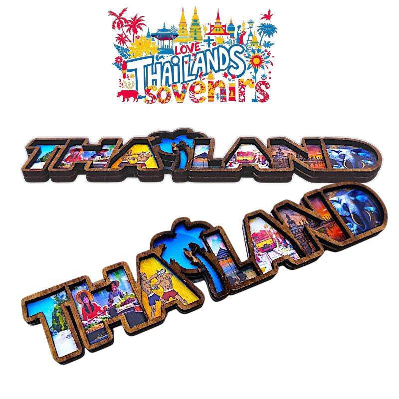Thai wood magnet souvenir featuring colorful Thailand landmarks and cultural scenes in letter design