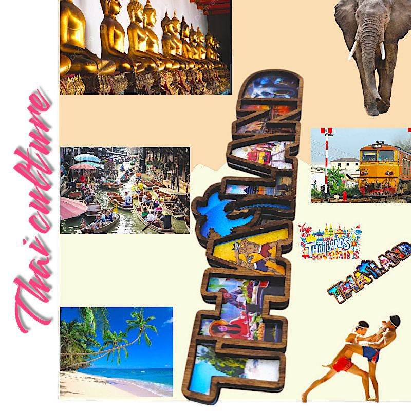 Thai wood magnet souvenir from One-Sake.com featuring colorful Thailand scenes and cultural icons