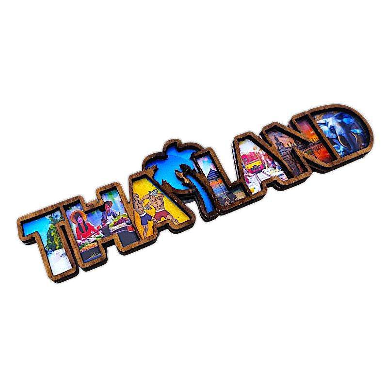 Thai wood magnet souvenir with colorful Thailand images and wooden frame by One-Sake.com