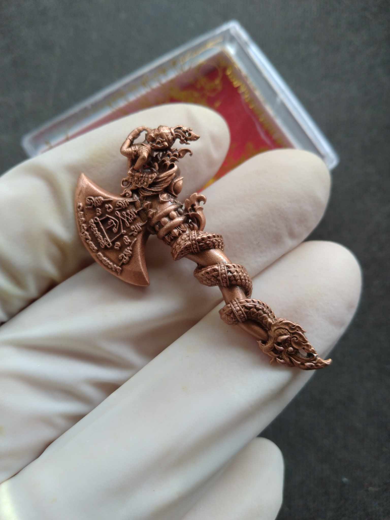 Thai Blessing Co copper axe pendant amulet with intricate serpent handle blessed Thai Sky Axe for luck