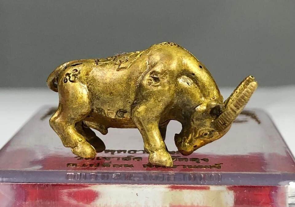 Kwai Thanhu Full Moon Edition Amulet small gilt buffalo figurine amulet with engravings on clear display box