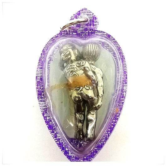 Thai Blessing Co purple heart pendant with small silver embracing figurine inside LGBTQ love attraction amulet