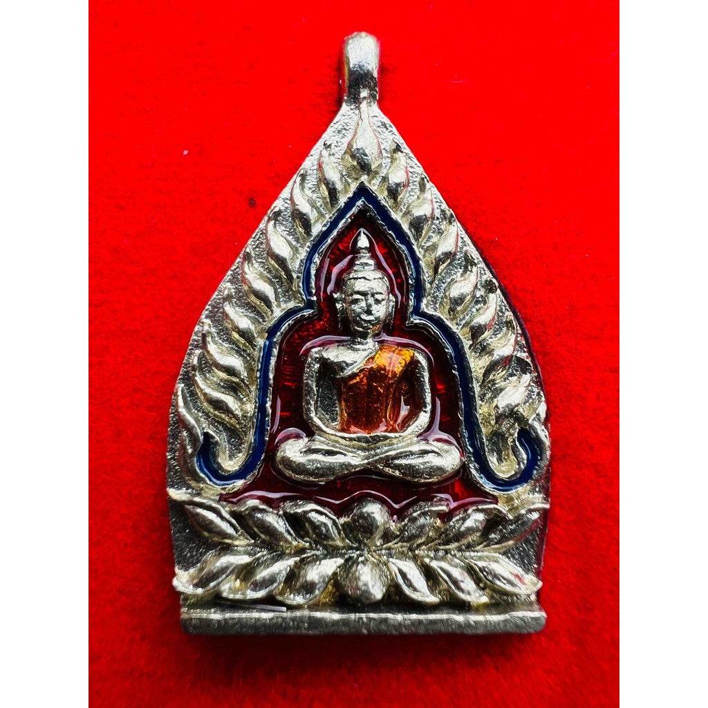 limited edition Thai lucky charm silver enamel Buddha amulet pendant with flame arch and lotus base