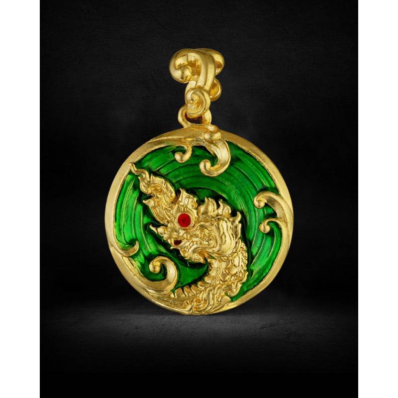 Gold and green enamel Naga prosperity coin Thailand pendant with ornate naga head and red gem eye