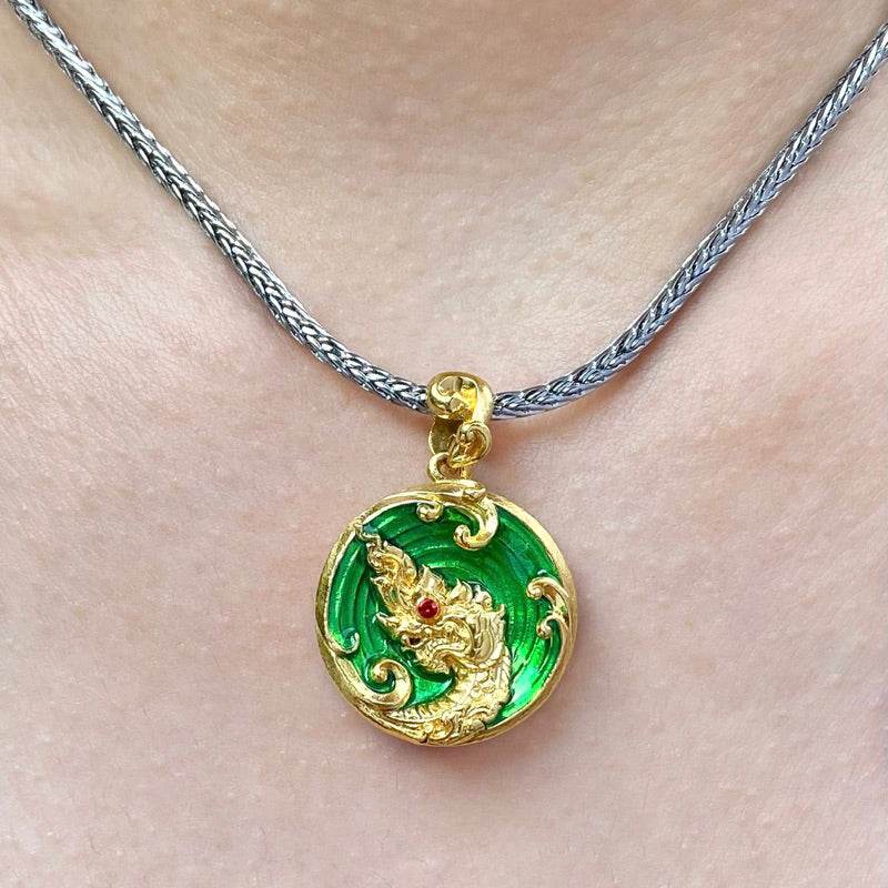 Thai Blessing Co Naga prosperity coin Thailand green enamel and gold pendant on silver chain for auspicious charm