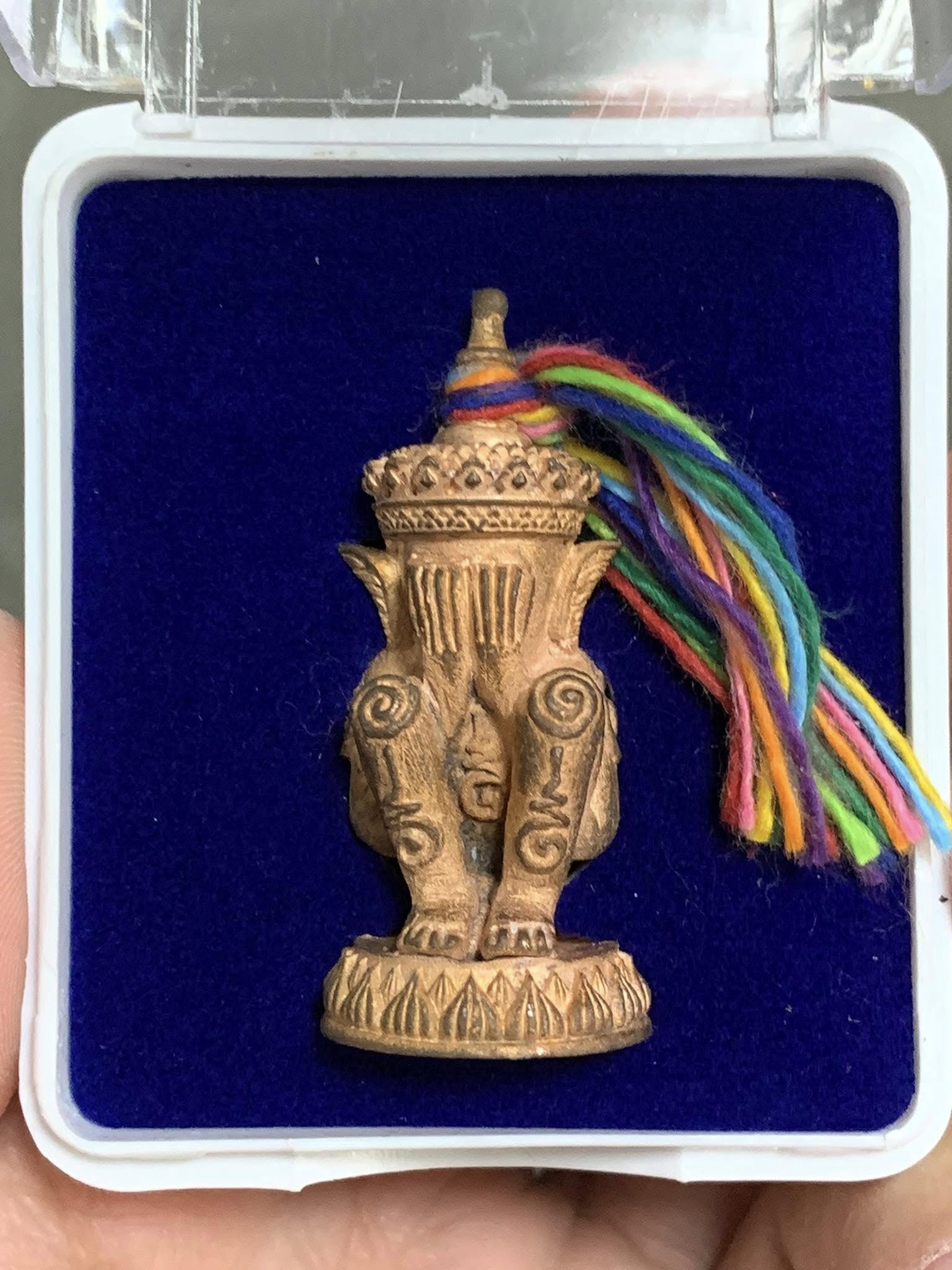 Norah Chatri Pi Takta amulet for protection small bronze Thai ceremonial statue with colorful tassel in display box