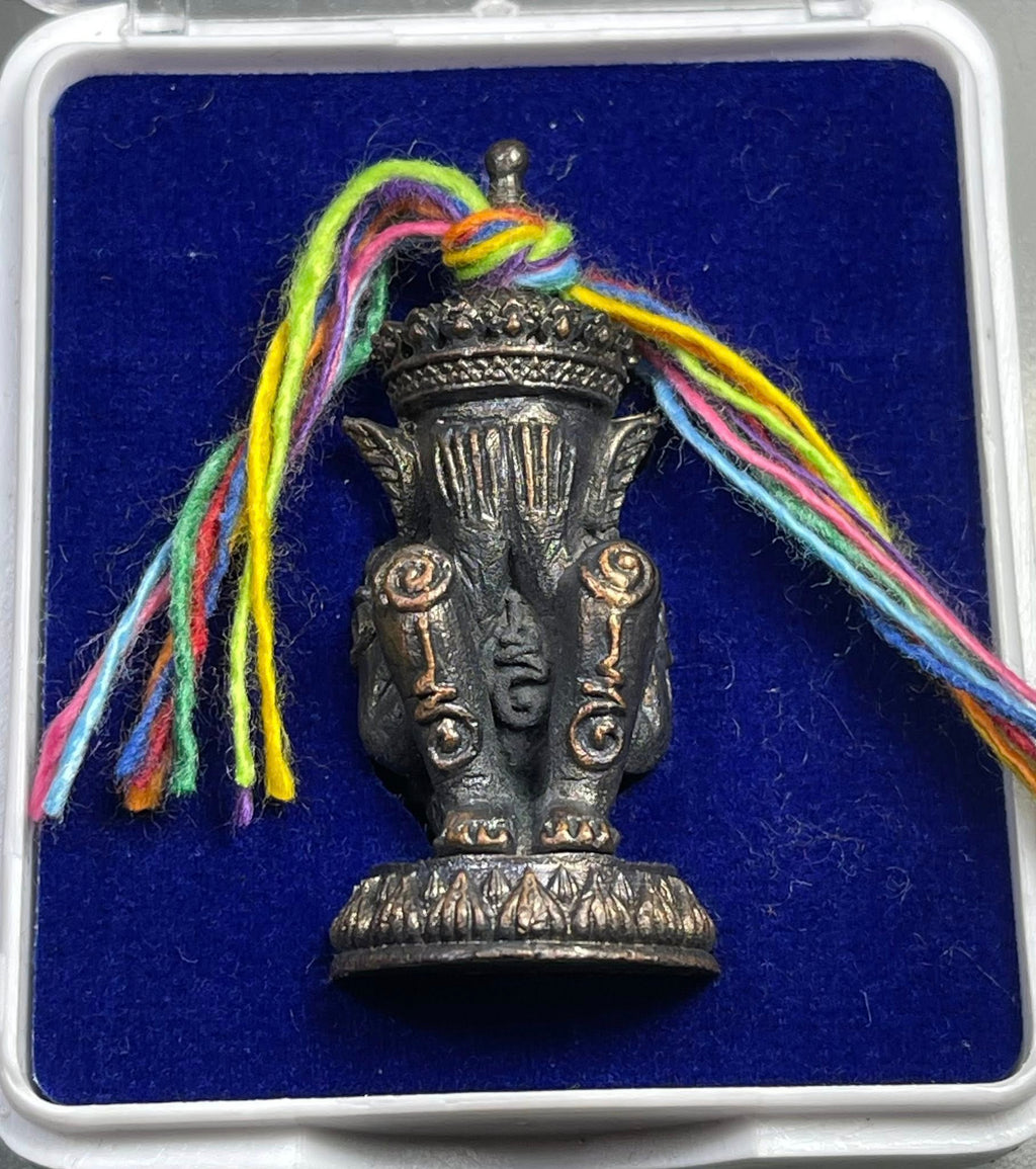 Bronze Thai Norah statue with multicolor sacred cord in velvet box Norah Chatri Pi Takta amulet for protection.