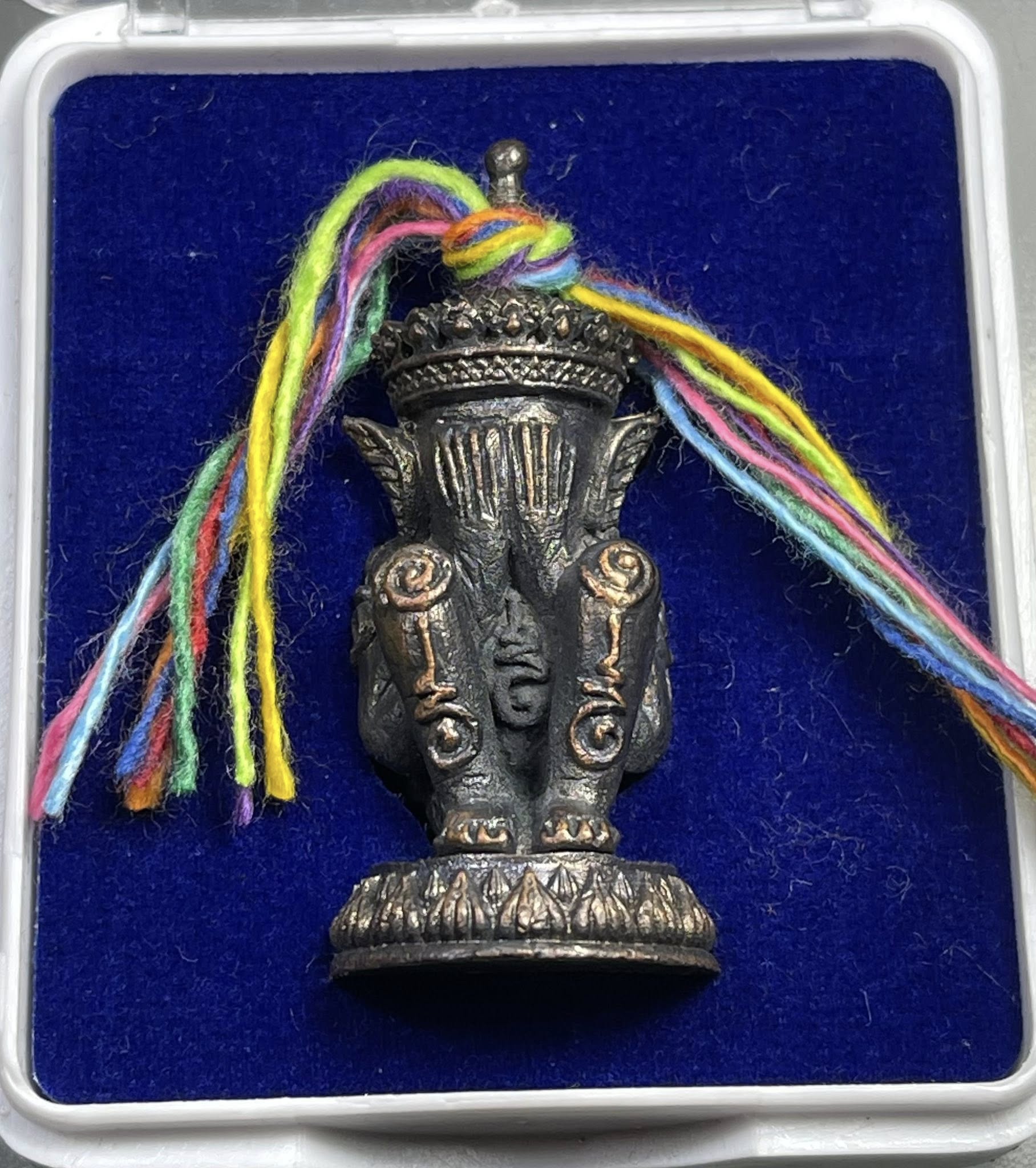 Bronze Thai Norah statue with multicolor sacred cord in velvet box Norah Chatri Pi Takta amulet for protection.