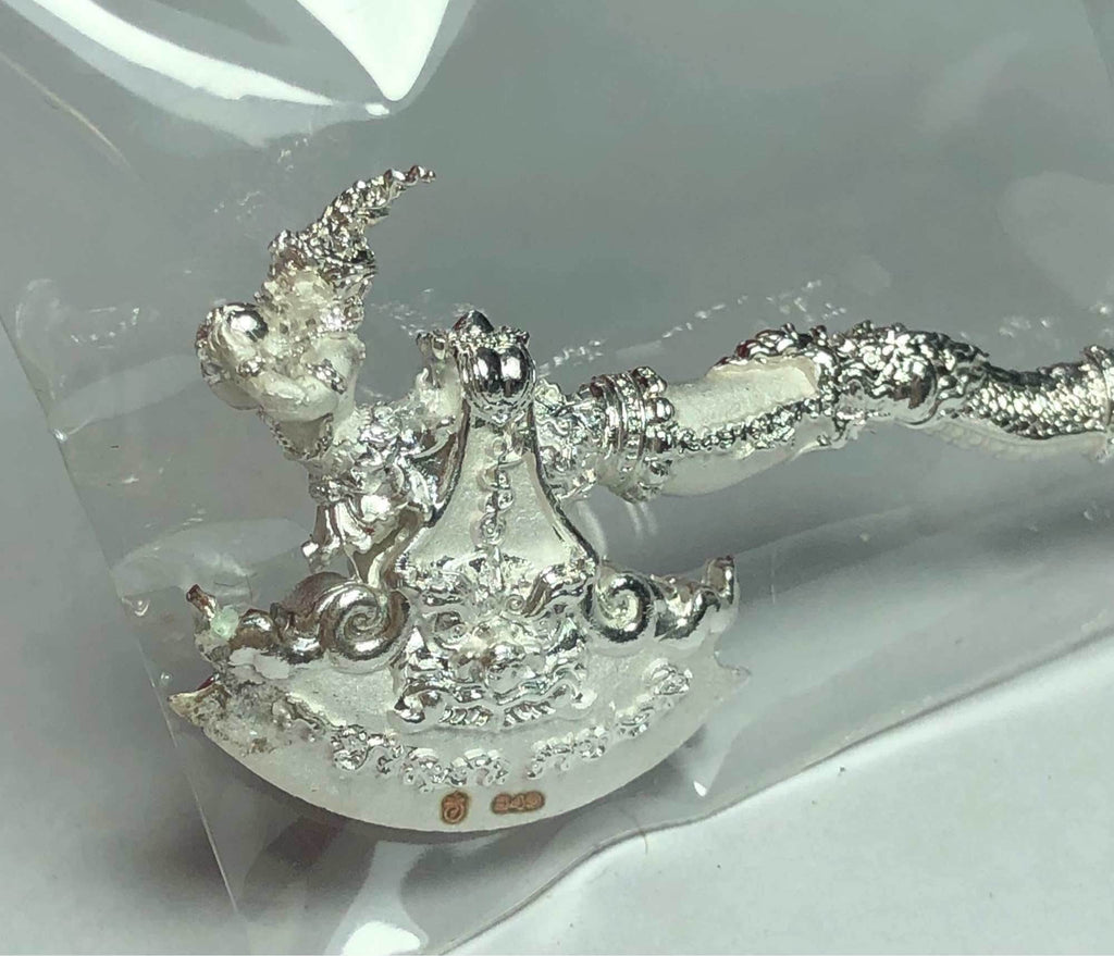 Phaya Khwan Maha Prap Amulet Tak Sila Edition silver ornate Thai religious talisman with naga handle in plastic wrap