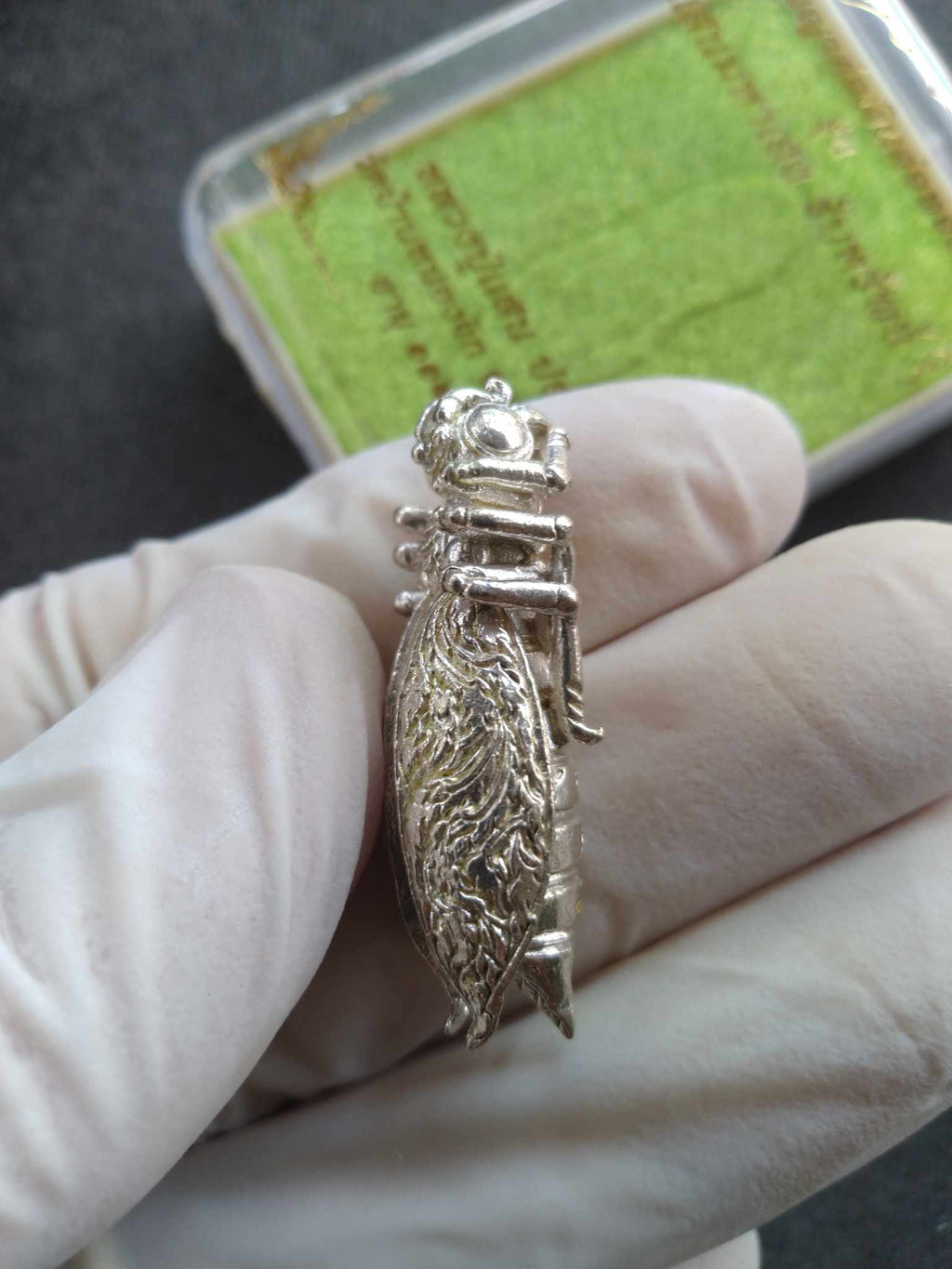 Phaya Tor Ngern Tor Thong amulet silver carved cicada style pendant held in gloved hand with green box