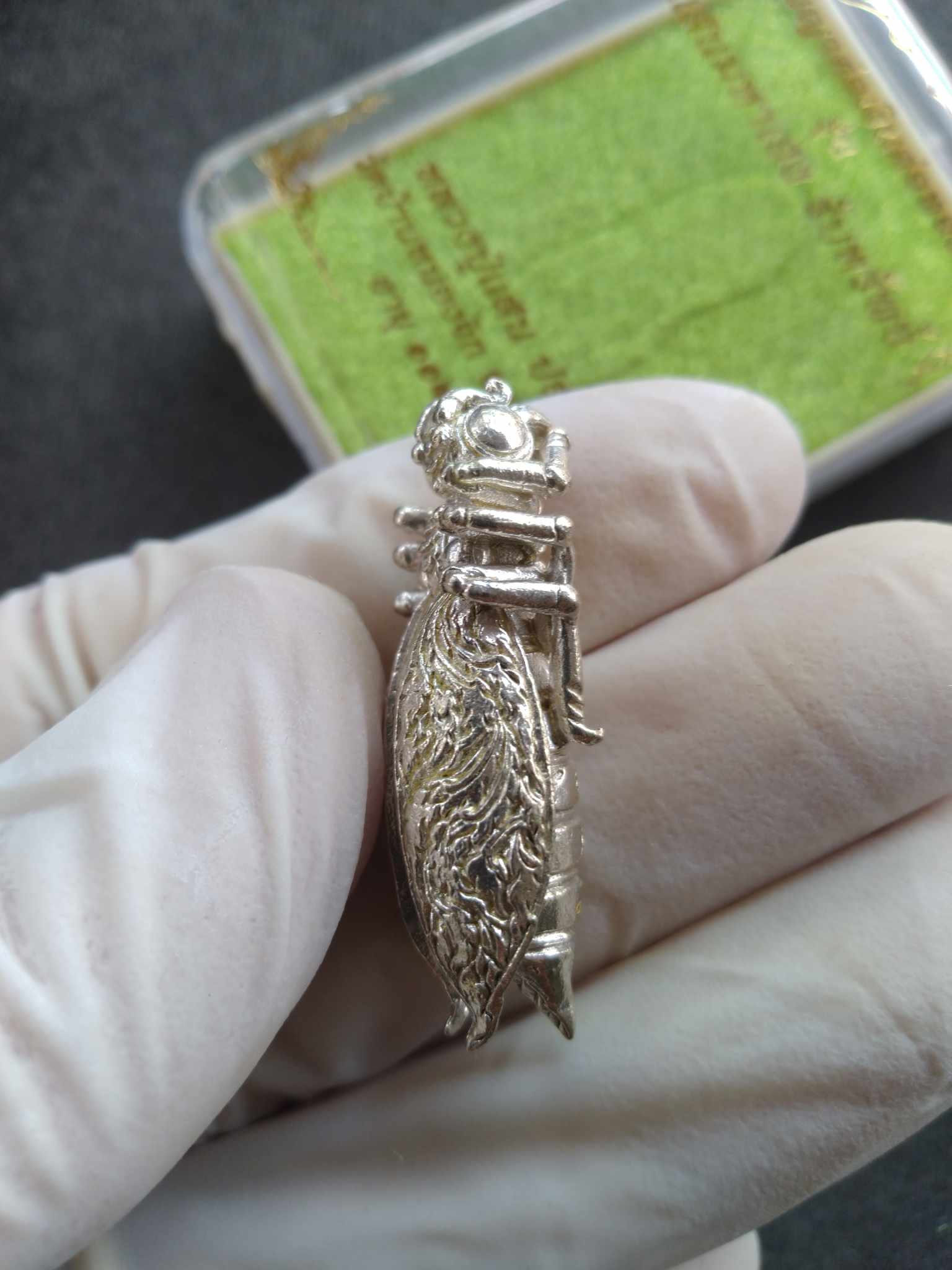 Phaya Tor Ngern Tor Thong amulet silver carved cicada style pendant held in gloved hand with green box