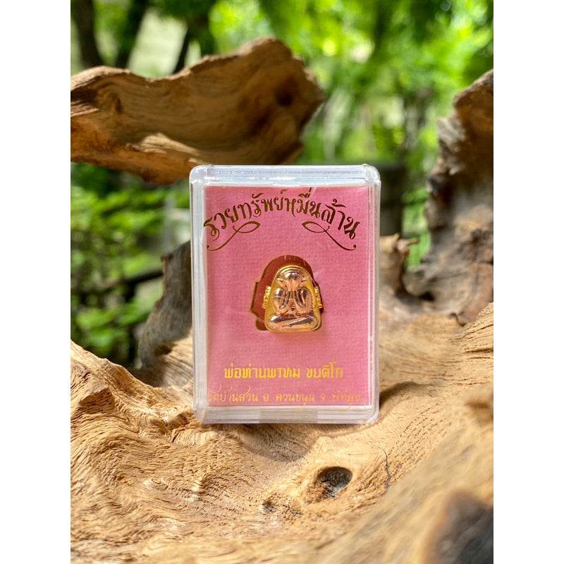 Phra Pidta amulet for sale. Gold Thai amulet in clear plastic display case on wood with blurred green background