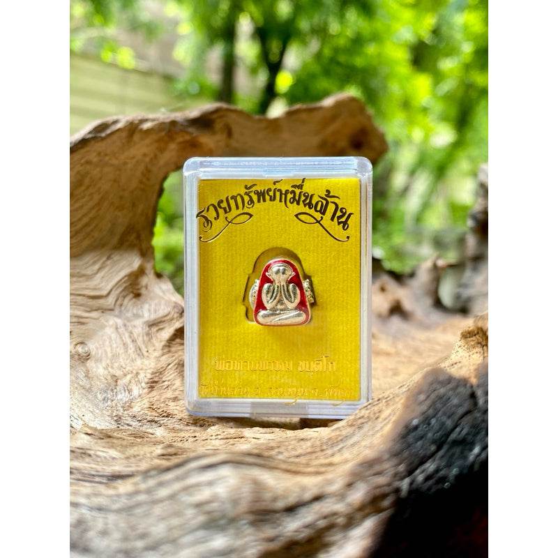 Thai Blessing Co Phra Pidta wealth amulet gold and red enamel in clear display case on wooden background