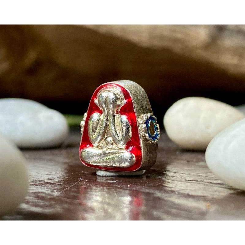 Thai Blessing Co Phra Pidta wealth amulet silver tone with red enamel and blue side gem for protection