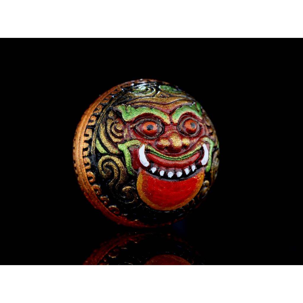 Hand painted Thai Rahu Amulet bead with colorful demon face for protection and feng shui