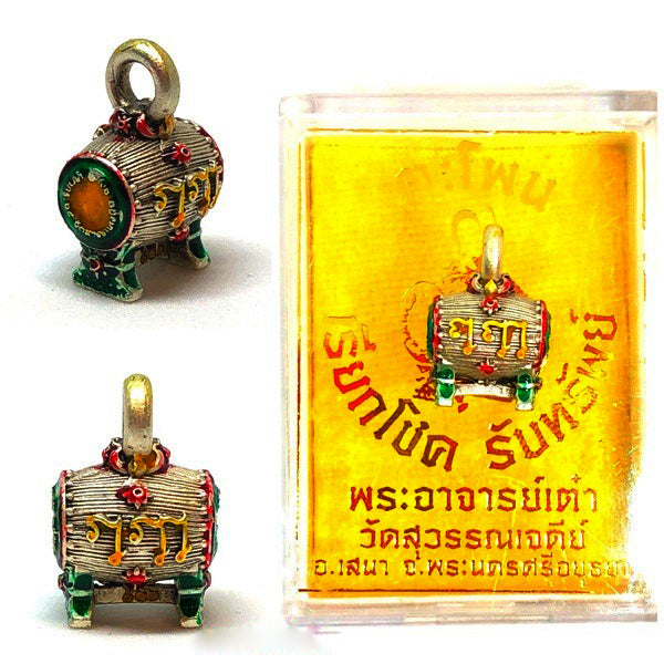 Thai silver drum pendant with red green enamel Sacred Drum Amulet for Wealth Prosperity Blessed by Phra Ajarn Tao.
