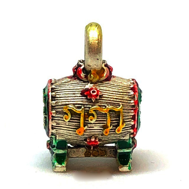 Thai Blessing Co Sacred Drum Amulet for Wealth Prosperity Blessed by Phra Ajarn Tao. Gold drum pendant with red green enamel