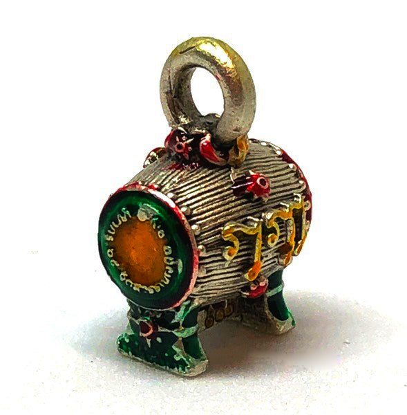 Enamel miniature drum pendant Sacred Drum Amulet for Wealth Prosperity Blessed by Phra Ajarn Tao. with loop and Thai script
